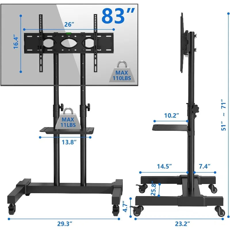 Mobile TV Stand Rolling Cart with Tilt Mount/Locking Wheels for 40-83 Inch Flat Screen/Curved TVs up to 110lbs