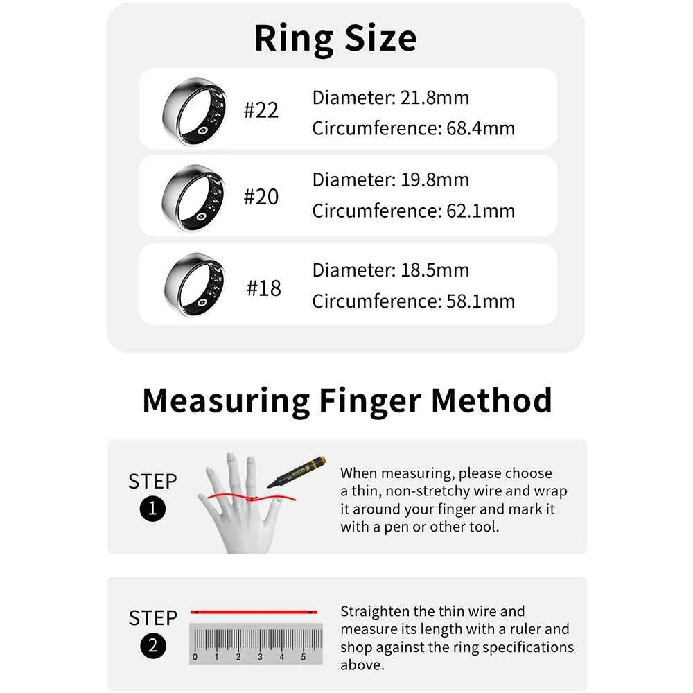 R09M Stainless Steel Smart Ring - Gen X Fashion Meets Health with Heart Rate, Blood Pressure, and Oxygen Monitoring