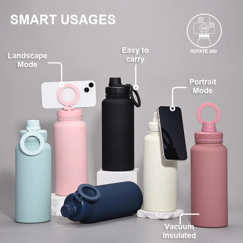 For Fitness Enthusiasts Magnetic Phone Holder Insulated Cup Stainless Steel Water Bottle Large capacity 1L Outdoor Sports Kettle