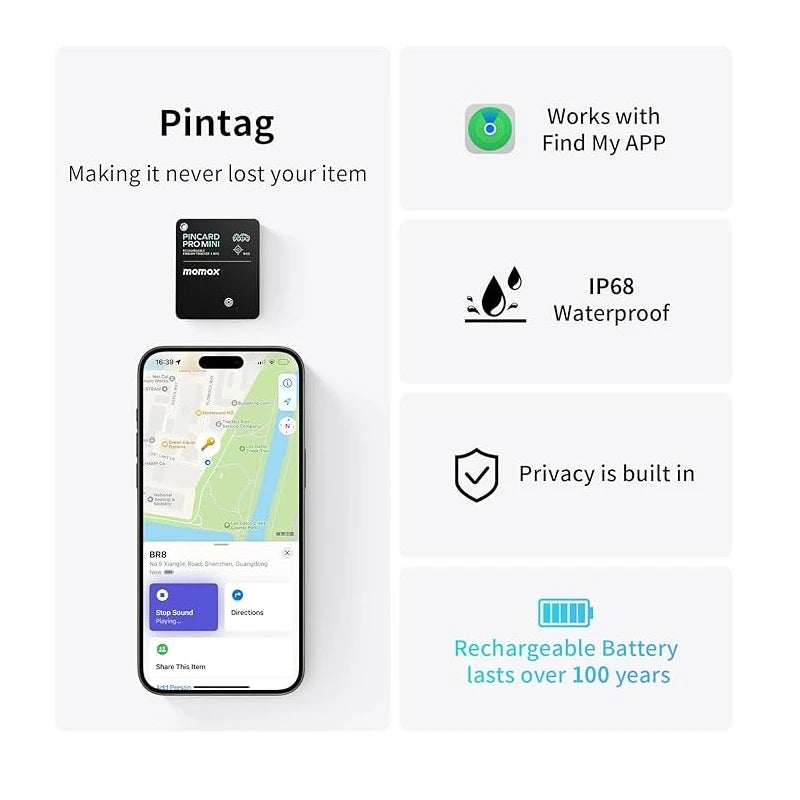 MOMAX Pincard Pro Mini Wallet Finder Rechargable Tracker Card Slim Locator Tag Wireless Charge for Luggage Suitcase Pet Kid