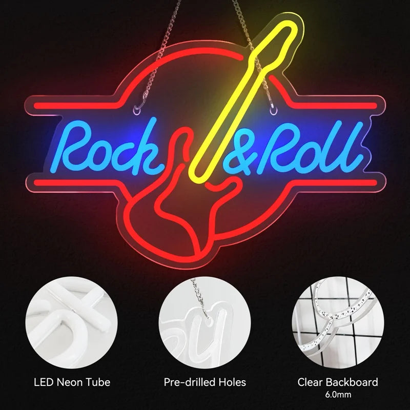 Guitar Rock and Roll LED Neon Sign – Custom Acrylic Neon Light for Music Rooms, Studios, Bars, and Parties | Waterproof IP65