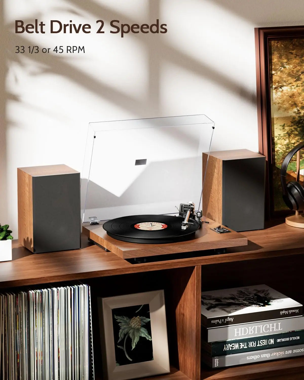 1 BY ONE Bluetooth Turntable HiFi System with 36-Watt Bookshelf Speakers – Patented Design Vinyl Record Player with Magnetic Cartridge