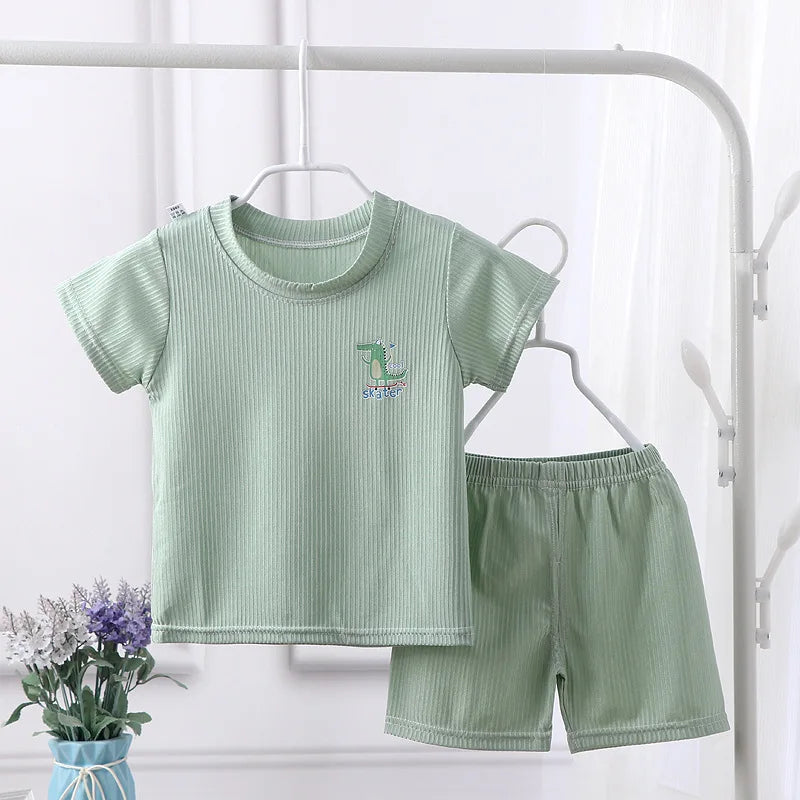 1-7Y Baby Boy Clothes Set Summer Breathe Ice Silk Toddler Girl Outfit Tops+Pant 2Pcs Sleepwear Suit Kid Children Clothes A1070